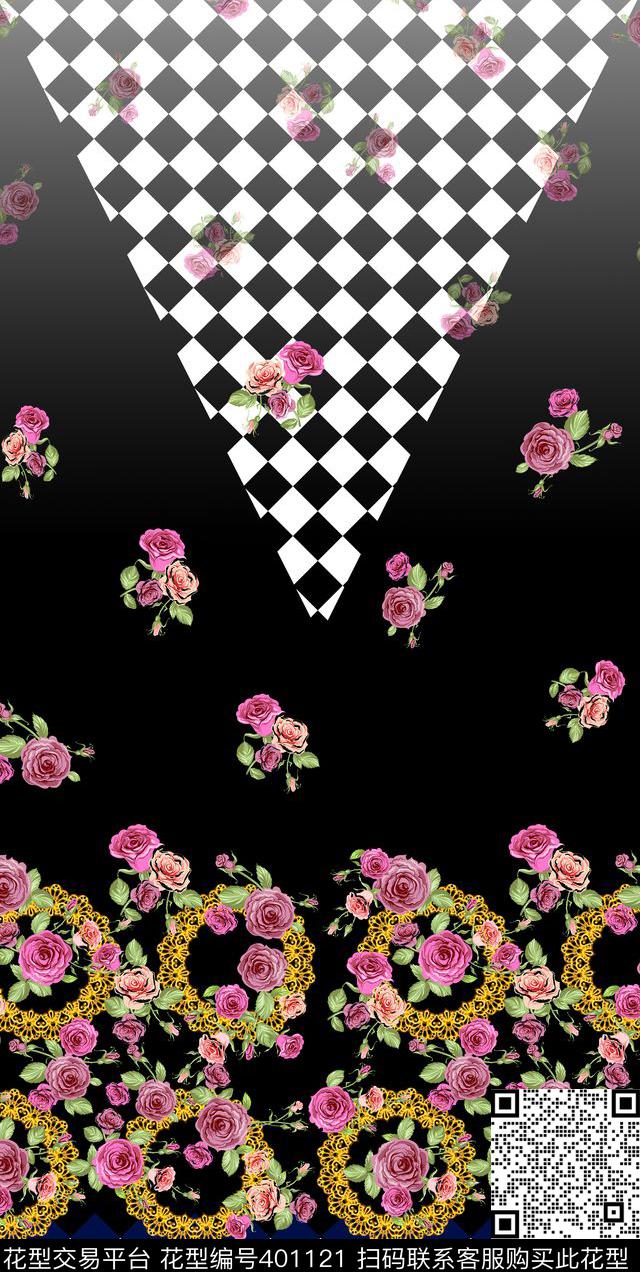 时尚数码花型 - 401121 - 格子 花卉 - 数码印花花型 － 女装花型设计 － 瓦栏