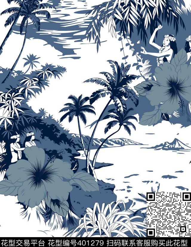 写意椰林草裙女孩传统印花花型下载（图片编号: 401279） - 瓦栏（Walan）