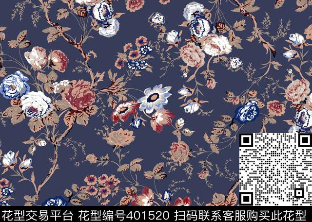 月季花大蓝色底传统印花花型下载（图片编号: 401520） - 瓦栏（Walan）