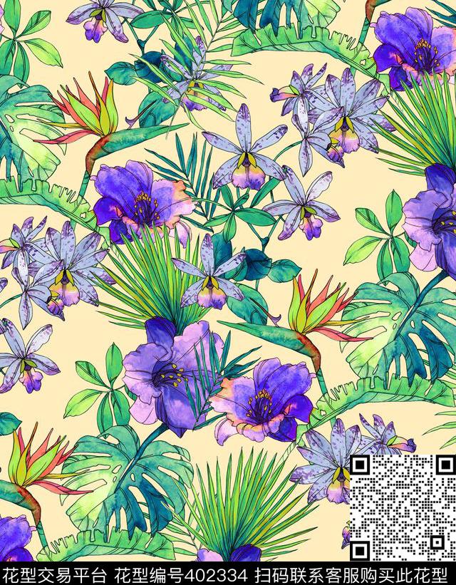 花卉热带风100元买断区数码印花花型下载（图片编号: 402334） - 瓦栏（Walan）