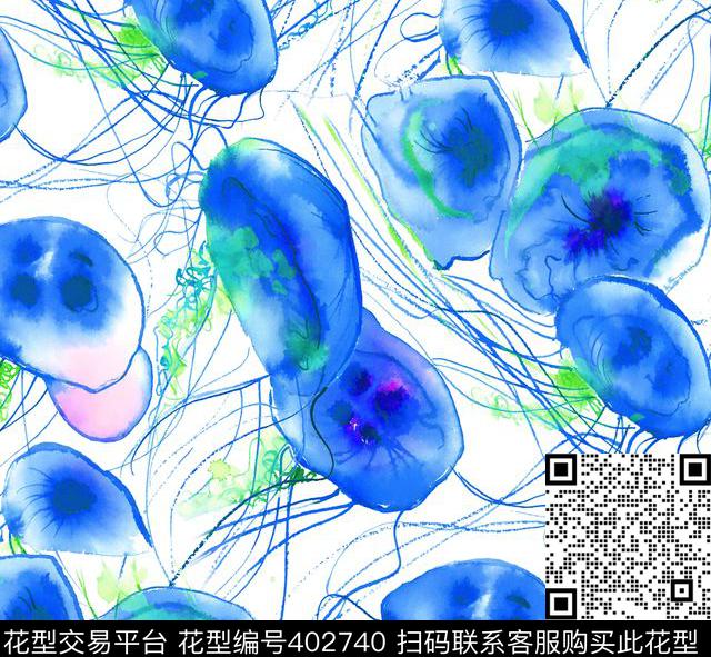 水母手绘100元买断区数码印花花型下载（图片编号: 402740） - 瓦栏（Walan）