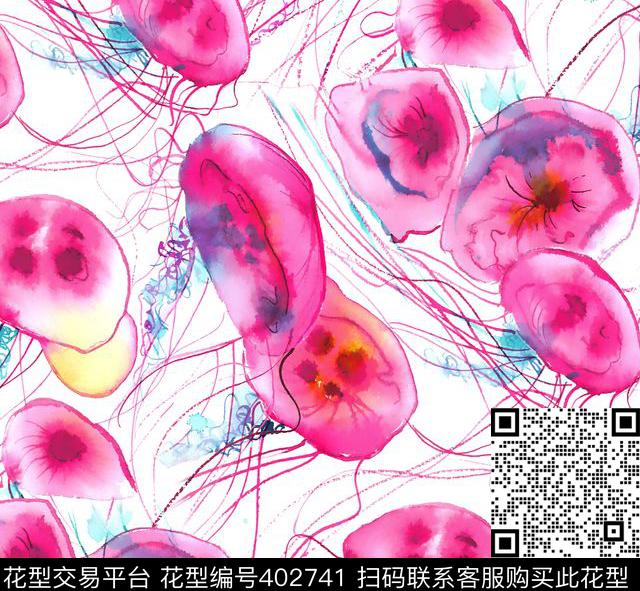 水母手绘100元买断区数码印花花型下载（图片编号: 402741） - 瓦栏（Walan）