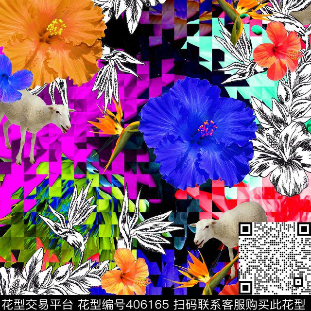 热带电子花卉天堂鸟数码印花花型下载（图片编号: 406165） - 瓦栏（Walan）