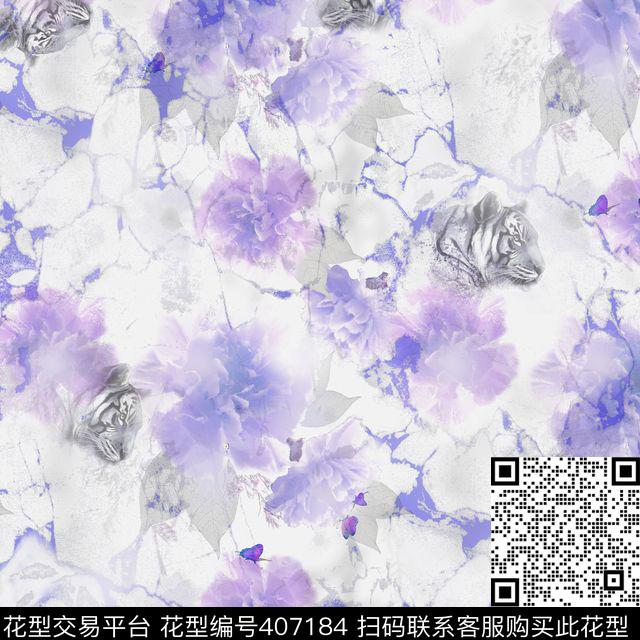 花丛戏蝶 - 407184 - 蝴蝶 花卉 花 - 数码印花花型 － 女装花型设计 － 瓦栏