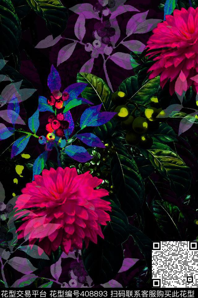 果实菊花手绘数码印花花型下载（图片编号: 408893） - 瓦栏（Walan）