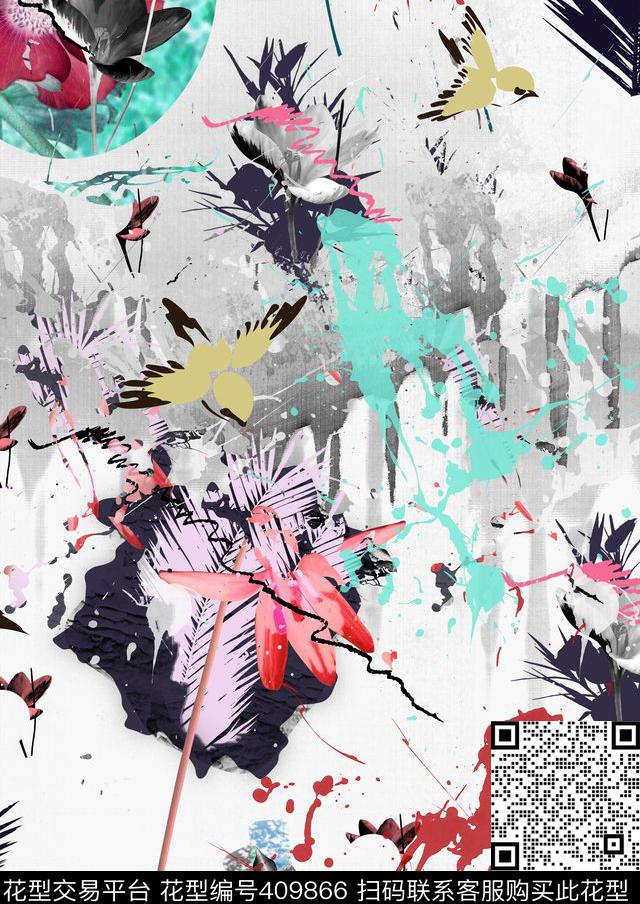 笔触花卉水墨数码印花花型下载（图片编号: 409866） - 瓦栏（Walan）