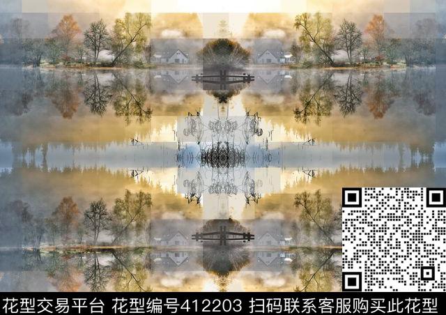 时尚风景灰度滤色马赛克数码印花 - 412203 - 抽象 树林 山川 - 数码印花花型 － 女装花型设计 － 瓦栏