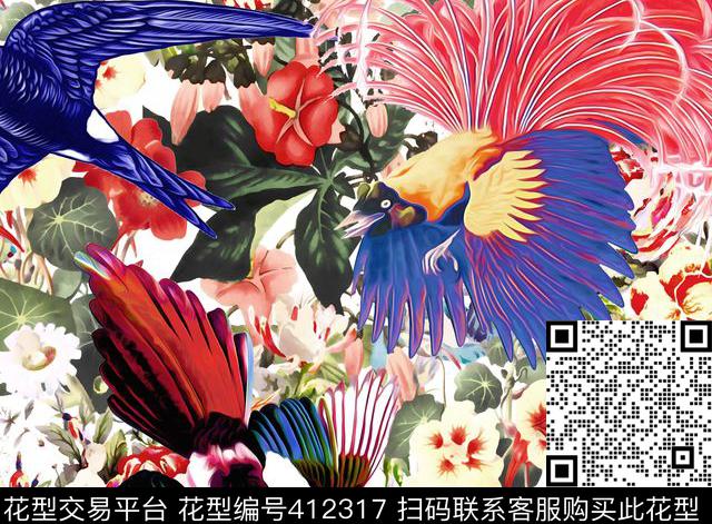 鸟花卉100元买断区数码印花花型下载（图片编号: 412317） - 瓦栏（Walan）