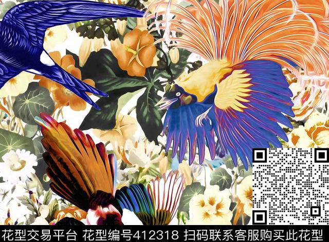 鸟花卉100元买断区数码印花花型下载（图片编号: 412318） - 瓦栏（Walan）