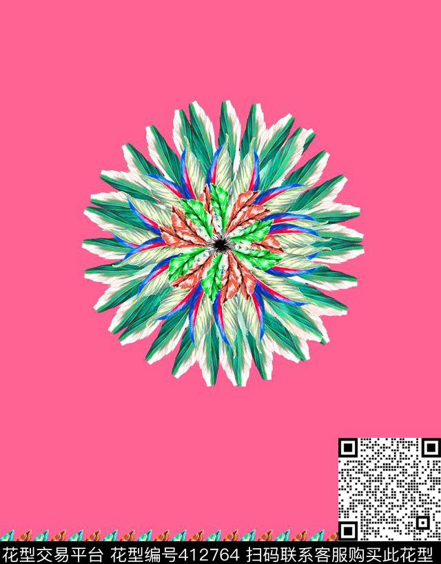 传统印花羽毛花卉动物纹传统印花花型下载（图片编号: 412764） - 瓦栏（Walan）