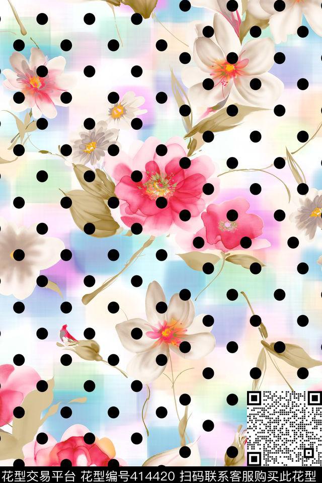 手绘水彩圆点数码印花花型下载（图片编号: 414420） - 瓦栏（Walan）