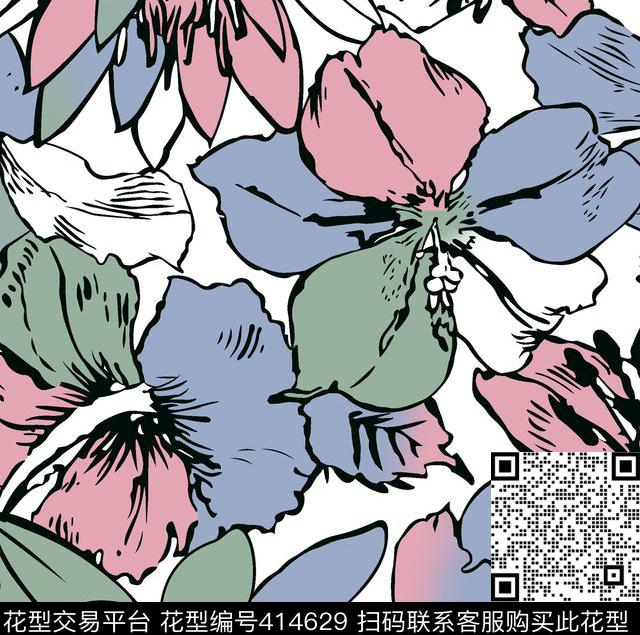 花卉紫荆花传统印花花型下载（图片编号: 414629） - 瓦栏（Walan）