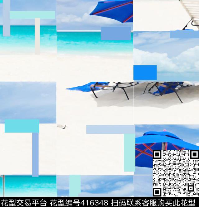  沙滩度假方格像素数码印花  - 416348 - 个性 流行时尚 天空 - 数码印花花型 － 男装花型设计 － 瓦栏