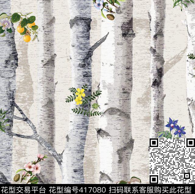 笔触花卉树枝数码印花花型下载（图片编号: 417080） - 瓦栏（Walan）
