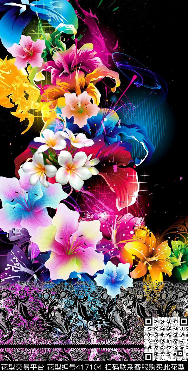抽象花卉百合数码印花花型下载（图片编号: 417104） - 瓦栏（Walan）