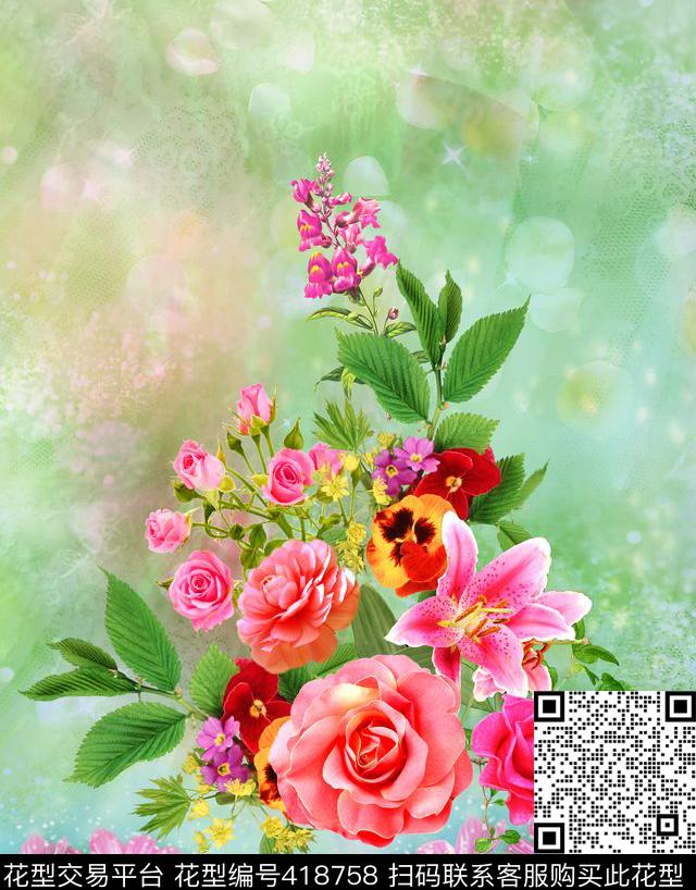 数码定位花卉玫瑰花花卉数码印花花型下载（图片编号: 418758） - 瓦栏（Walan）