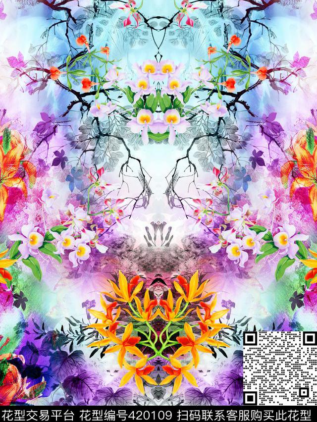 中国风花卉风景数码印花花型下载（图片编号: 420109） - 瓦栏（Walan）