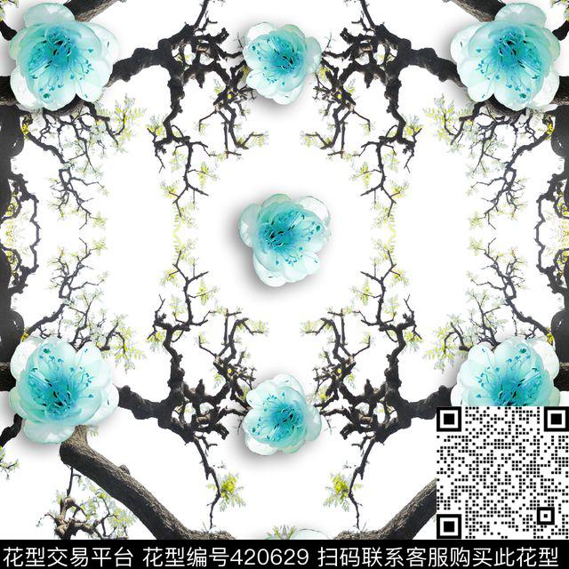 花瓣树枝中国风数码印花花型下载（图片编号: 420629） - 瓦栏（Walan）