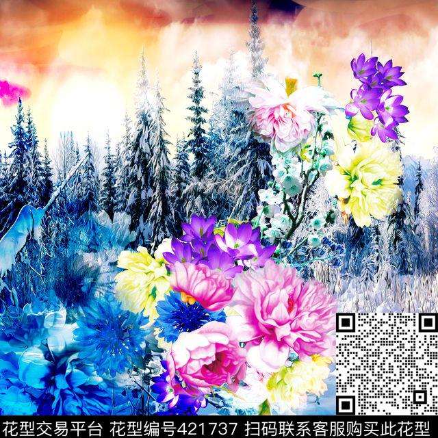 中国风风景花卉数码印花花型下载（图片编号: 421737） - 瓦栏（Walan）