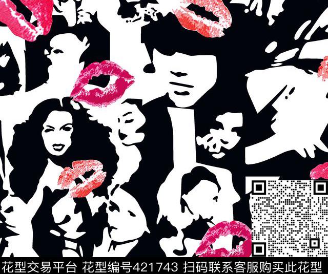 抽象唇印老照片数码印花花型下载（图片编号: 421743） - 瓦栏（Walan）