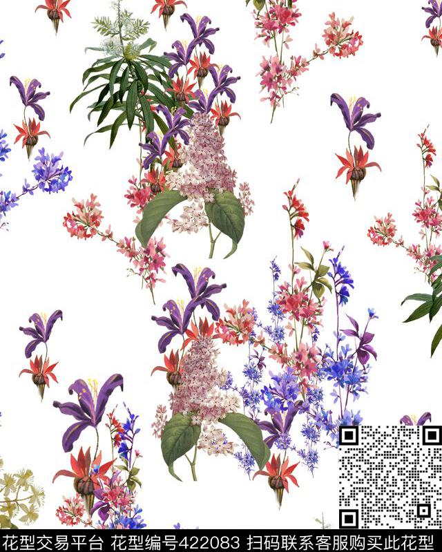 田园风花卉叶子花卉数码印花花型下载（图片编号: 422083） - 瓦栏（Walan）