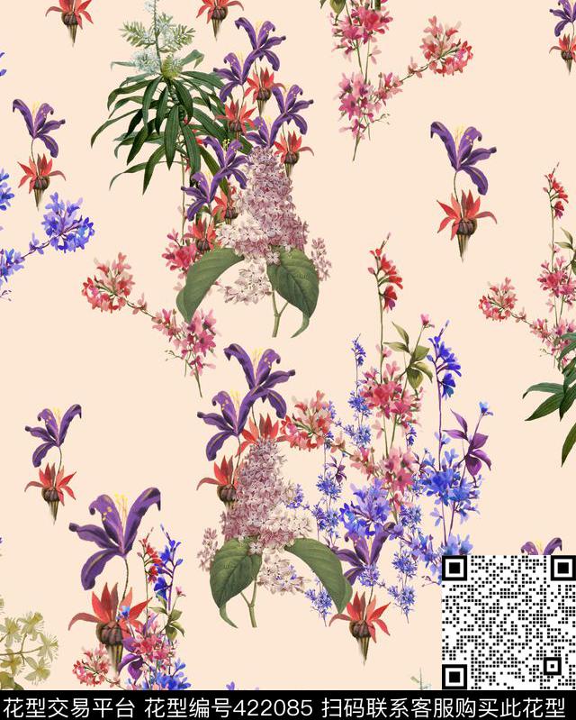 田园风花卉叶子花卉数码印花花型下载（图片编号: 422085） - 瓦栏（Walan）