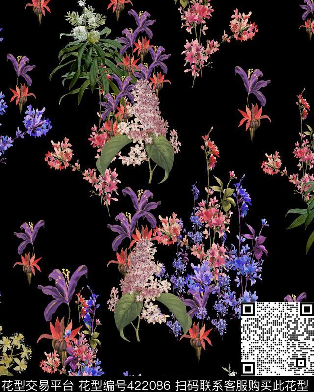 田园风花卉叶子花卉数码印花花型下载（图片编号: 422086） - 瓦栏（Walan）