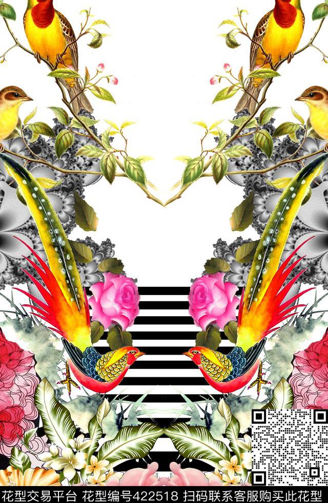 花卉中国风鸟数码印花花型下载（图片编号: 422518） - 瓦栏（Walan）