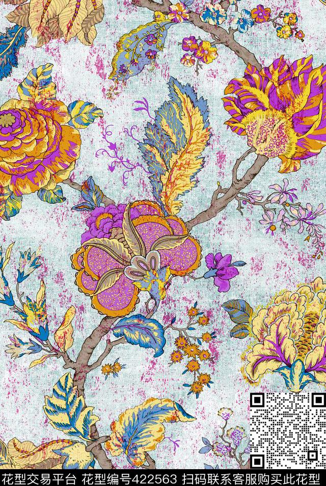 复古花卉 - 422563 - 复古花卉 花鸟 美式 - 传统印花花型 － 床品花型设计 － 瓦栏