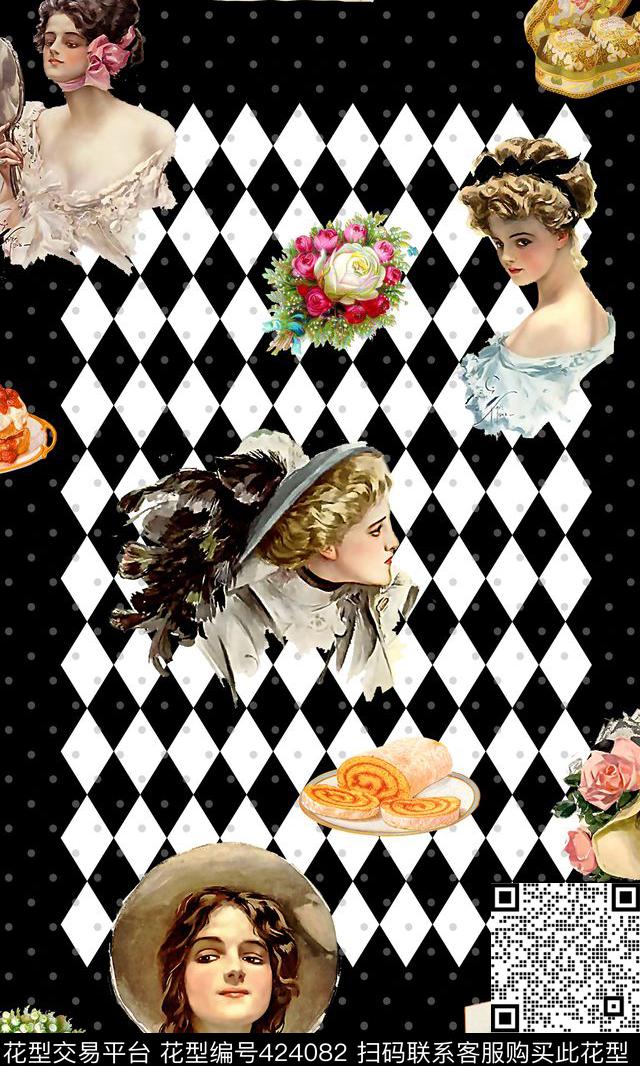 复古美女与美食印象秀色可餐几何菱形波点组合女装连衣裙衬衣 - 424082 - 复古 几何 菱形 - 数码印花花型 － 女装花型设计 － 瓦栏