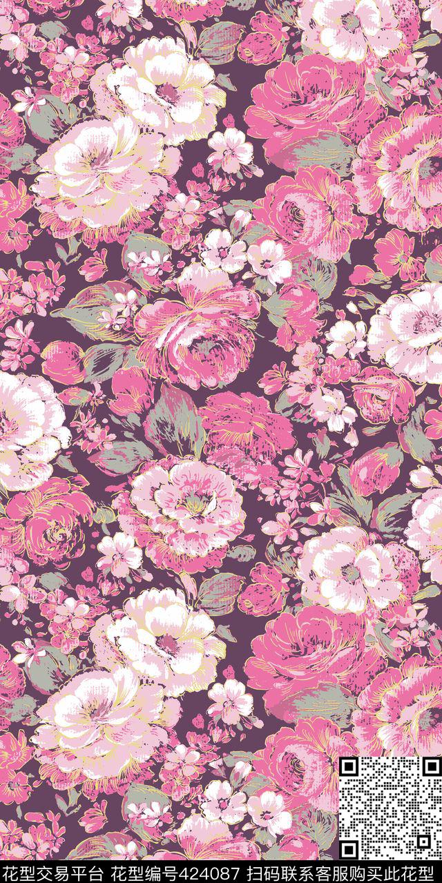 油画风格花卉 - 424087 - 写意 花卉 油画花型 - 传统印花花型 － 床品花型设计 － 瓦栏