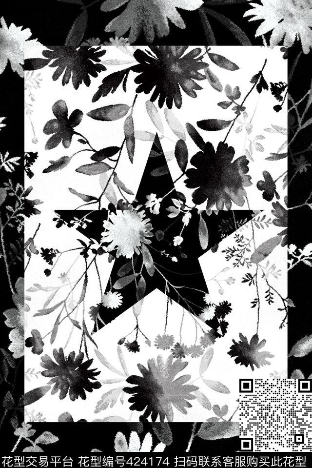 黑白花卉水墨传统印花花型下载（图片编号: 424174） - 瓦栏（Walan）