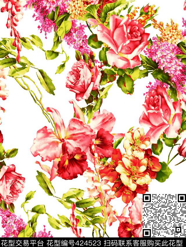 花卉玫瑰花田园风花卉传统印花花型下载（图片编号: 424523） - 瓦栏（Walan）