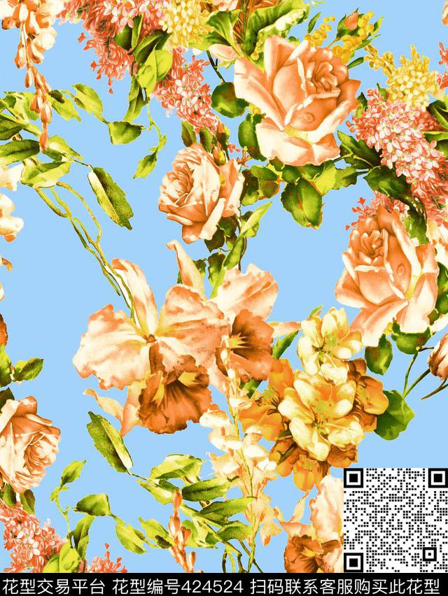 田园风花卉玫瑰花花卉传统印花花型下载（图片编号: 424524） - 瓦栏（Walan）