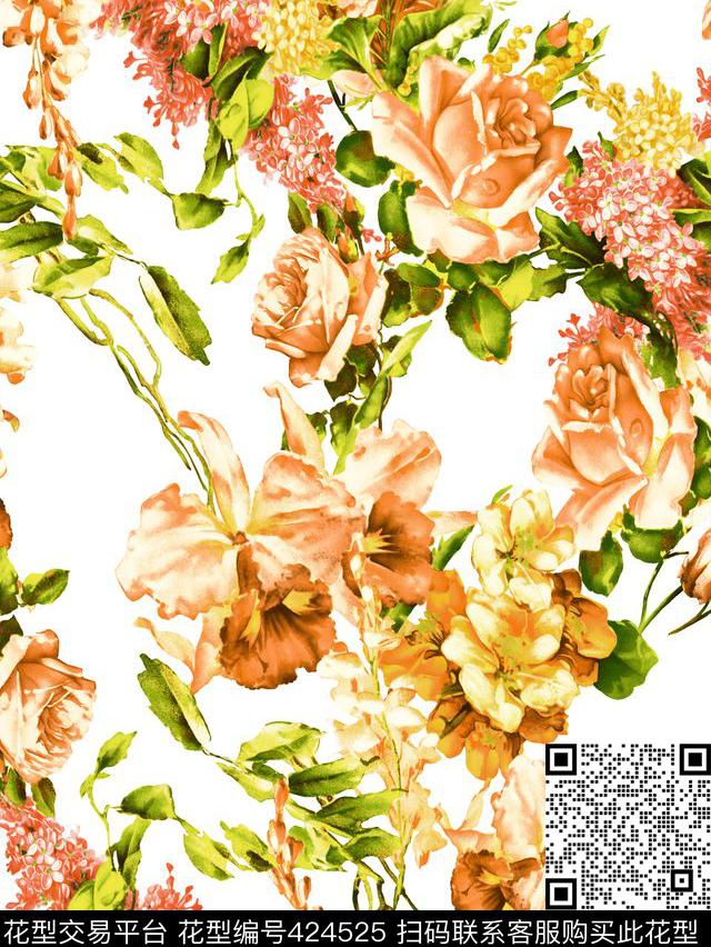 田园风花卉玫瑰花花卉传统印花花型下载（图片编号: 424525） - 瓦栏（Walan）