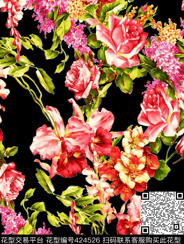 田园风花卉玫瑰花花卉传统印花花型下载（图片编号: 424526） - 瓦栏（Walan）