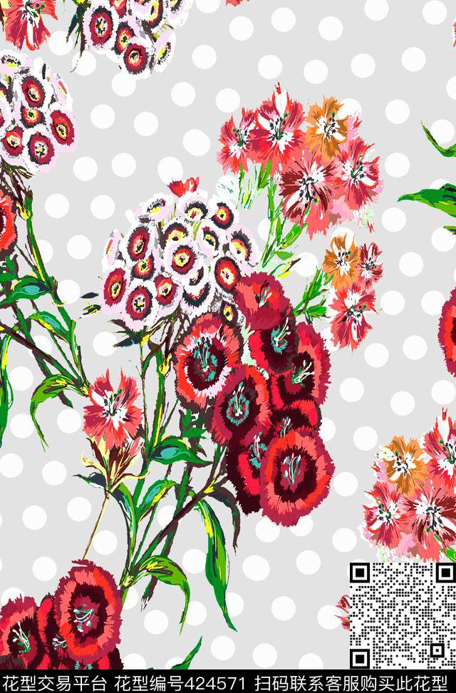 田园风花卉点子花卉传统印花花型下载（图片编号: 424571） - 瓦栏（Walan）