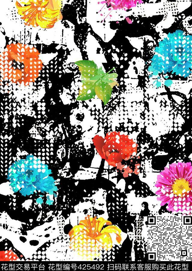 笔触黑白花卉数码印花花型下载（图片编号: 425492） - 瓦栏（Walan）