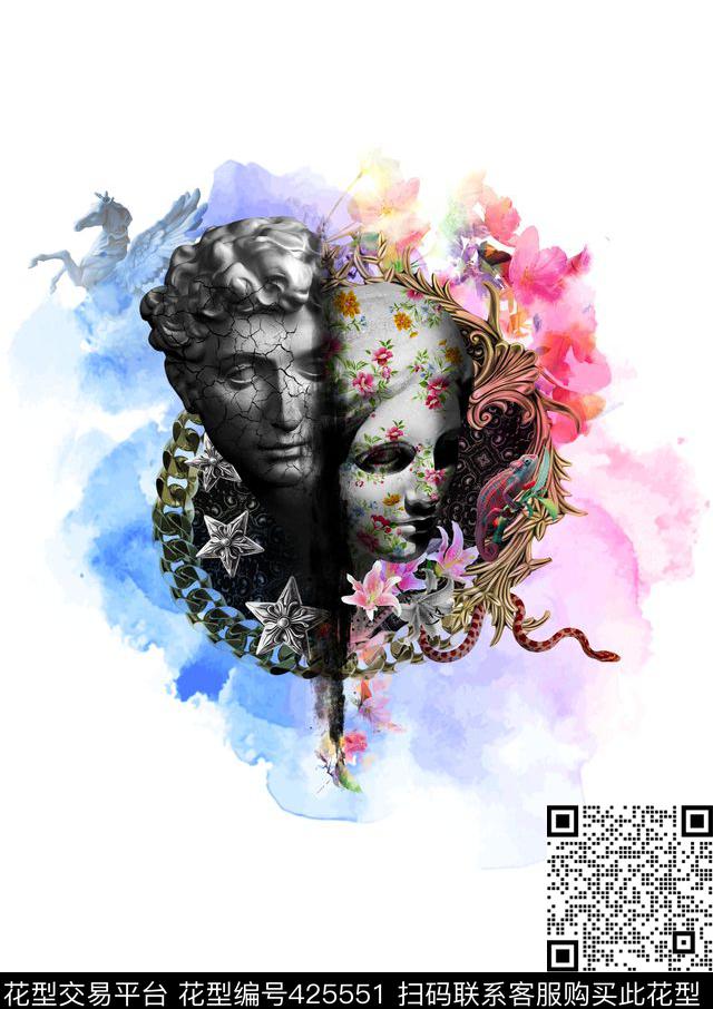 变色龙创意飞马数码印花花型下载（图片编号: 425551） - 瓦栏（Walan）