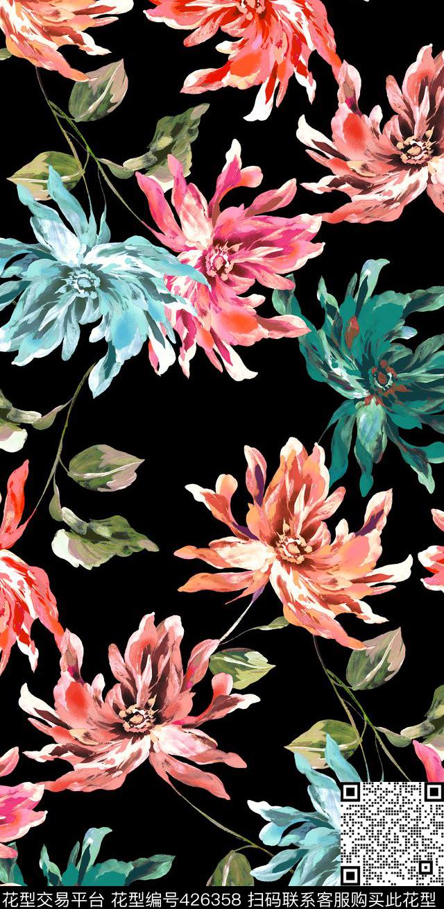 满版花 - 426358 - 花 菊花 花卉 - 数码印花花型 － 女装花型设计 － 瓦栏