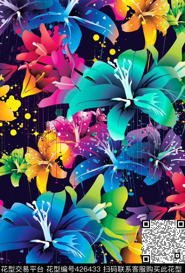 暗底滴墨风格化数码印花花型下载（图片编号: 426433） - 瓦栏（Walan）