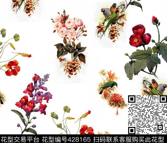 花卉鸟手绘花绘数码印花花型下载（图片编号: 428165） - 瓦栏（Walan）