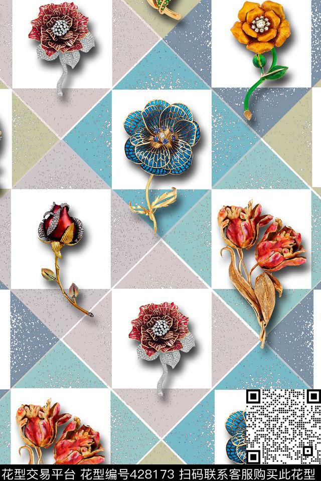 宝石格子花卉数码印花花型下载（图片编号: 428173） - 瓦栏（Walan）