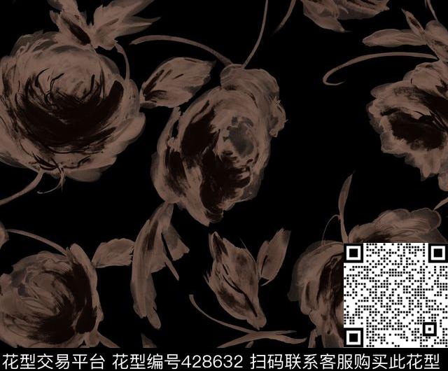 黑底玫瑰手绘传统印花花型下载（图片编号: 428632） - 瓦栏（Walan）