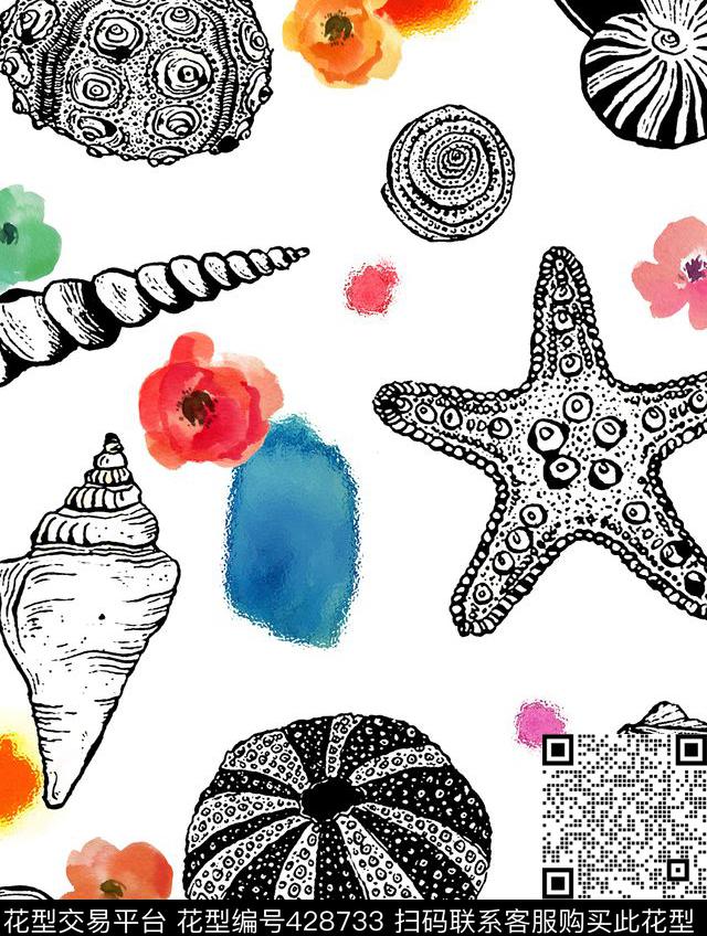 海洋贝壳海星数码印花花型下载（图片编号: 428733） - 瓦栏（Walan）