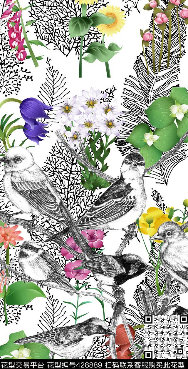 花卉手绘素描数码印花花型下载（图片编号: 428889） - 瓦栏（Walan）