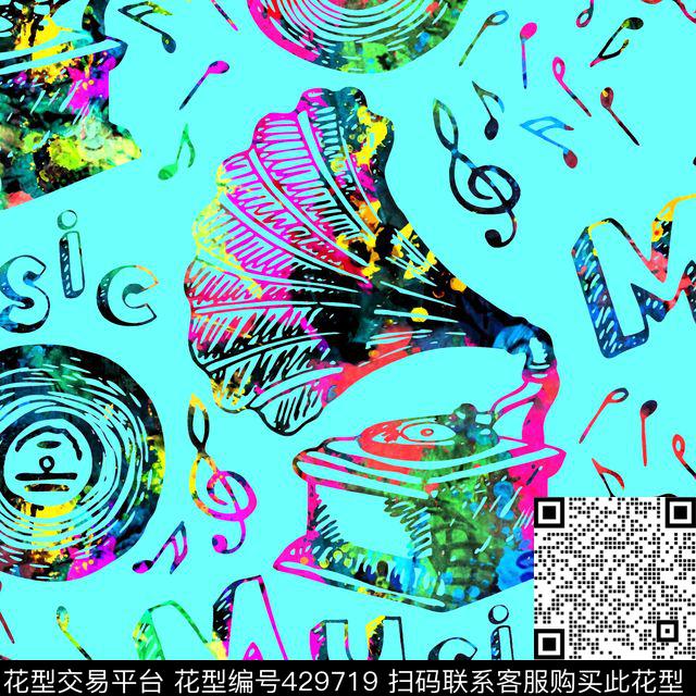 复古音乐音符数码印花花型下载（图片编号: 429719） - 瓦栏（Walan）