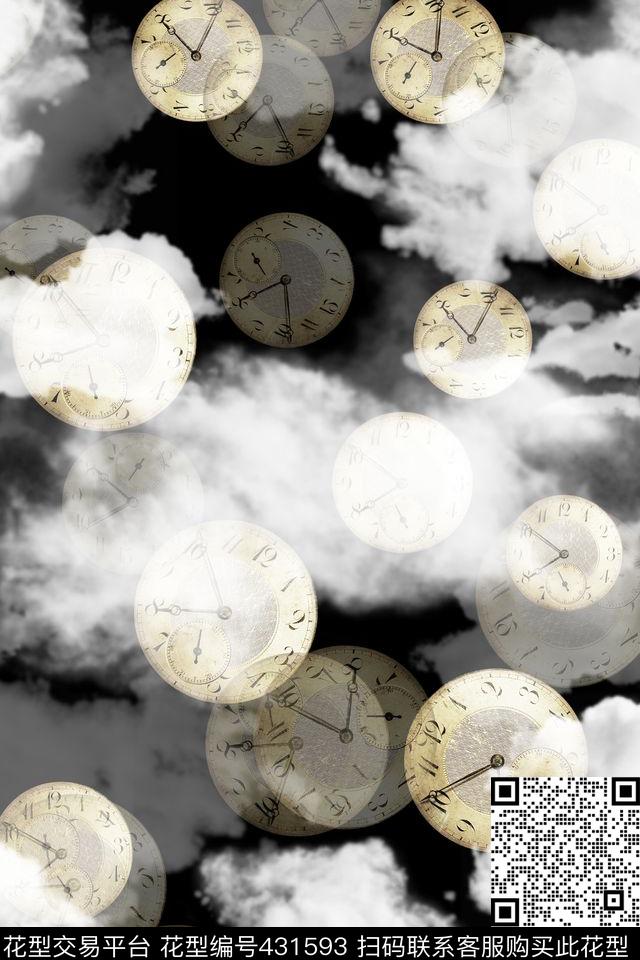 复古云时钟数码印花花型下载（图片编号: 431593） - 瓦栏（Walan）