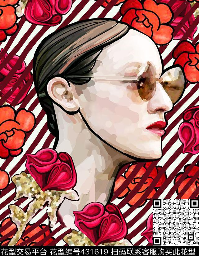 波普花卉艺术头像传统印花花型下载（图片编号: 431619） - 瓦栏（Walan）