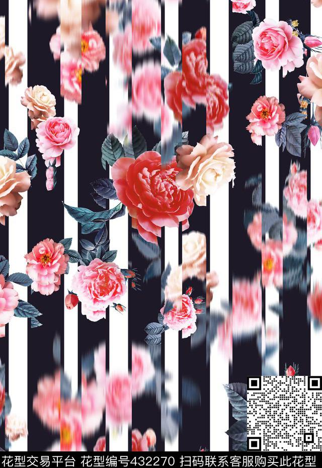 神秘浪漫女性化月季条格竖条模糊对比错位数码印花花型下载（图片编号: 432270） - 瓦栏（Walan）